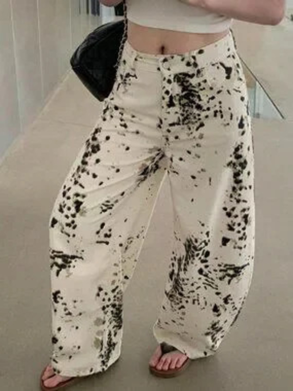 White Casual Women's Textured Random Print Zipper Fly Harem Pants